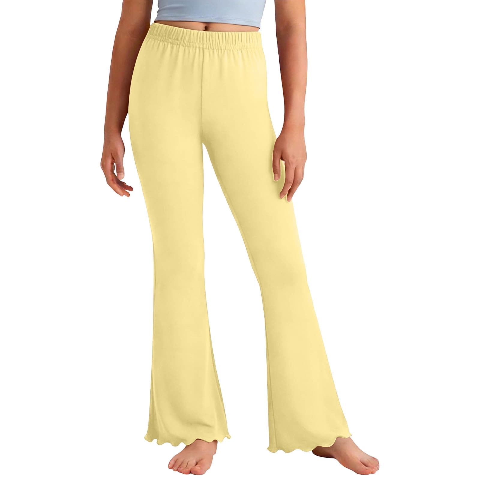 Lenpel Girls Flare Leggings Cotton Elastic High Waisted Pull on Ruffle Hem Bell Bottom Pants Bootcut Yoga Pants