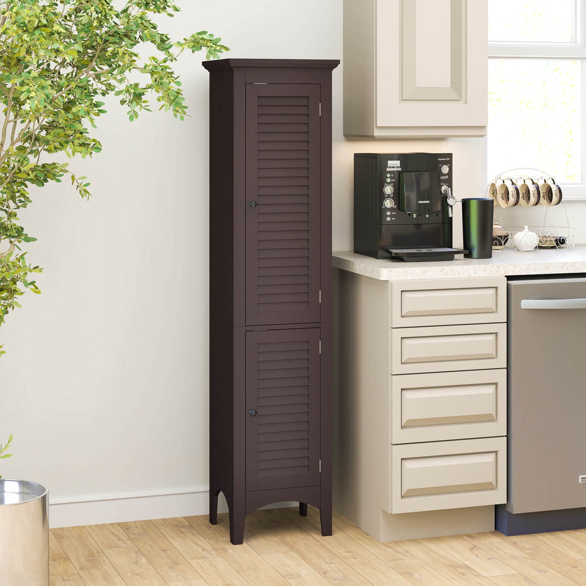 Costway 63" Tall Bathroom Cabinet with 2 Louvered Doors & Adjustable Shelf Elevated Legs Brown