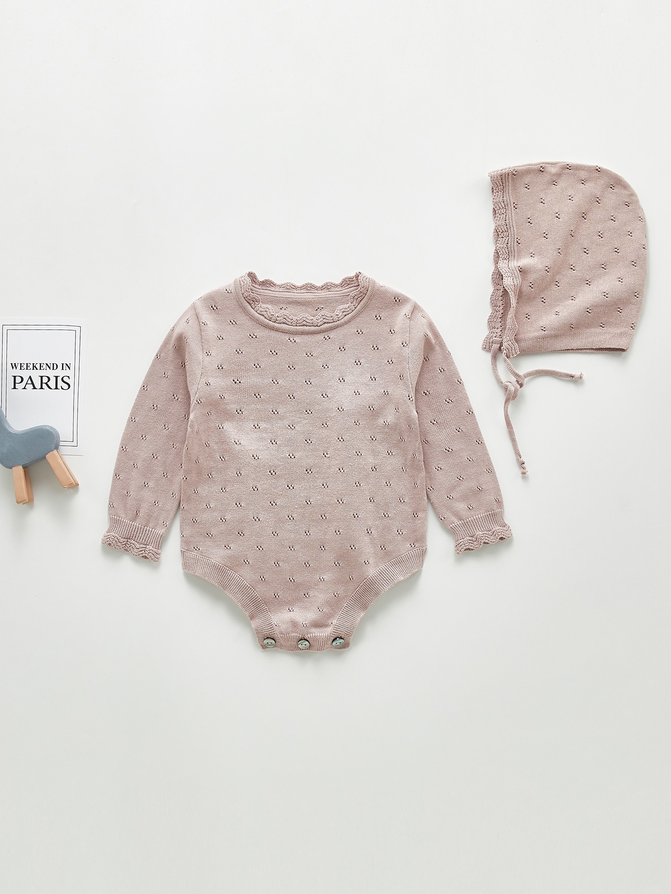Baby Pointelle Knit Bodysuit With Hat 2022 73 Dusty Pink Casual F057D