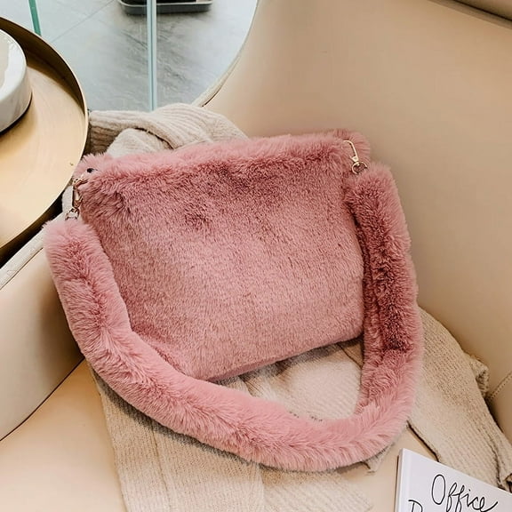 Luxury Solid Color Women Plush Crossbody Bag Casual Faux Fur Female Large Shoulder Bags Fashion Elegant Ladies Purse Handbags