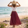 thumbnail image 6 of Women's Cotton Linen Swing Long Skirt Elastic Waist Flowing Maxi Crinkled Skirt Retro Casual Layered Pleated Flowy Long Maxi Skirts With Belt Wine M, 6 of 6