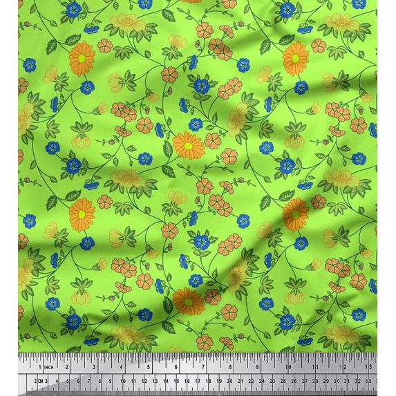 Soimoi Green polyester Crepe Fabric Leaves,Aster & Floral Decor Fabric Printed BTY 52 Inch Wide