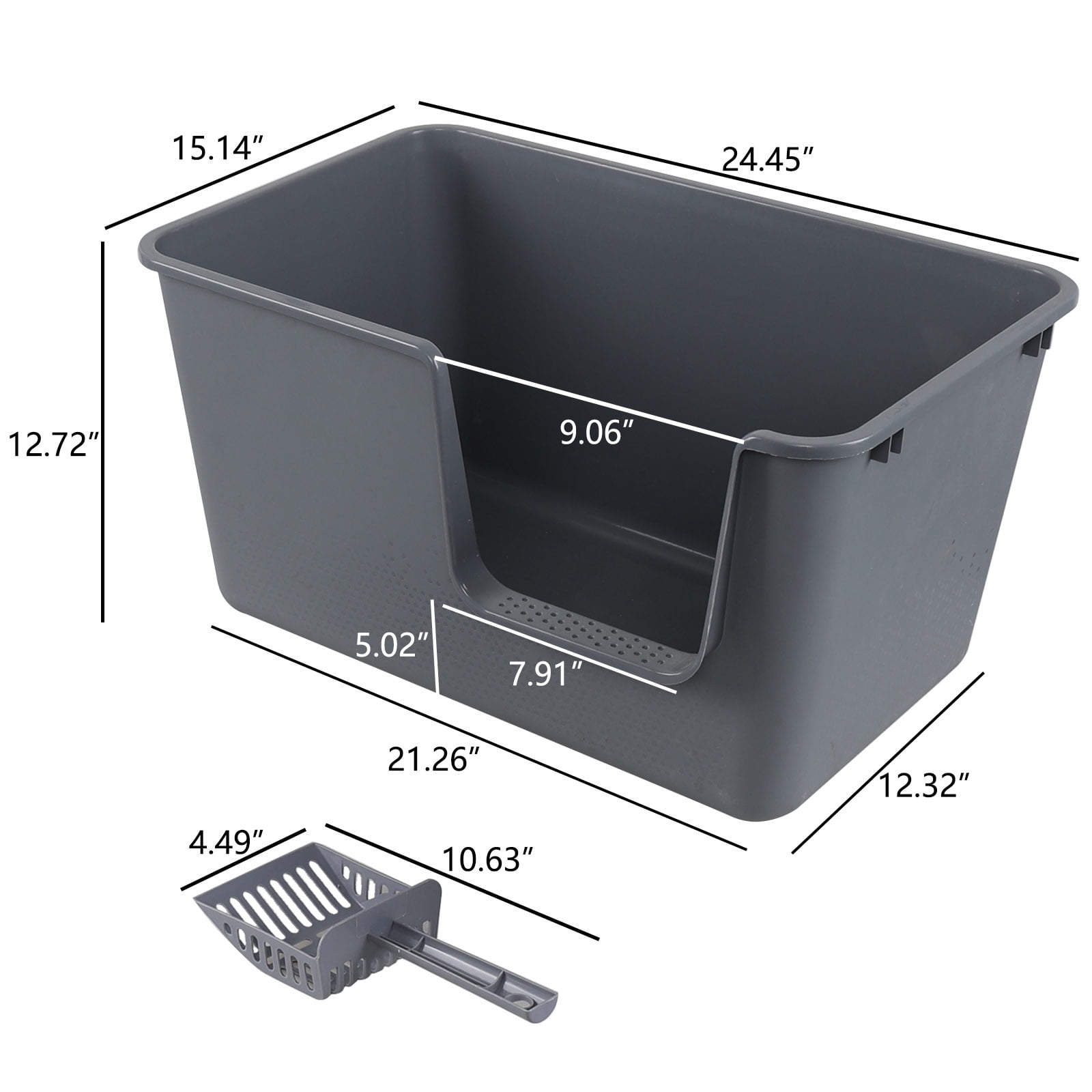 Ionoloy 2 Pack High Side Plastic Cat Litter Basin, Extra Large Litter Box with Scoop, Grey