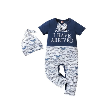 

Chollius 2Pcs Newborn Baby Boy One-Piece Climbing Suit Short Sleeve Letter Print Patchwork Pattern Round Neck Jumpsuit + Hat