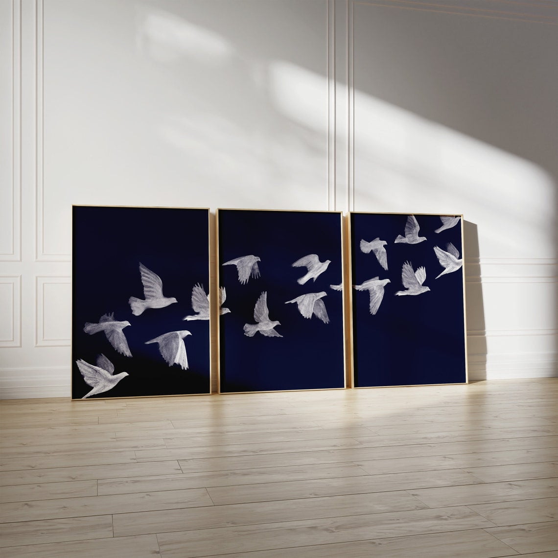 Navy Blue Bird Flock Modern Minimalist Wall Art Print Nature Inspired Home And Office Decor