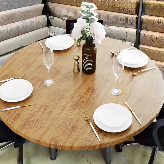 Austok Indoor Outdoor Patio Round Tablecloth, Elastic Edge, Waterproof Wipeable Plastic Table Cover, Wood Texture for 6-Seat Table of 45-55’’ Diameter