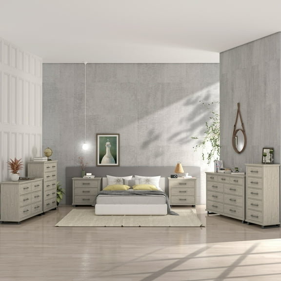 FESTIVO 6-Piece Bedroom Set - 2 Nightstand 2 Chest & 2 Double Dresser - Beige