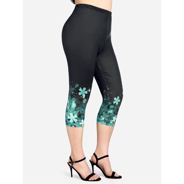 Leggings Capri Cintura Alta Estampado Floral Tamaño Plus Rosegal Leggings de talla grande