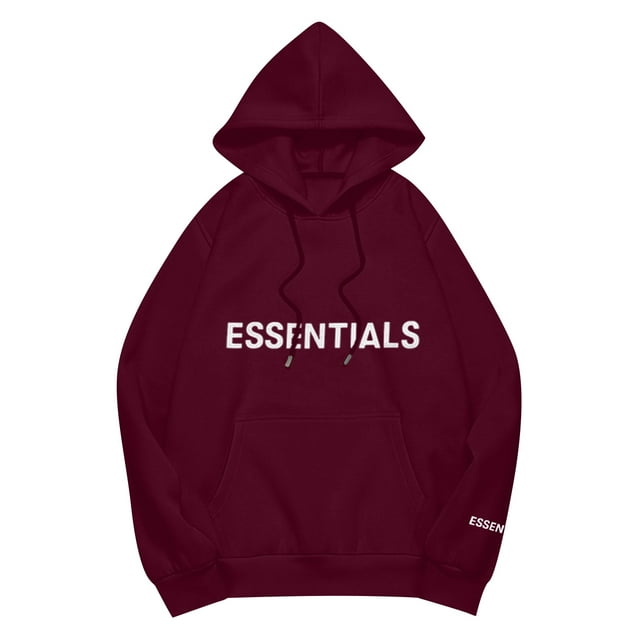 Pullover Hoodie with Adjustable Drawstring Hood and Front ESSENTIALS Lettering Print Casual Loose Fit Design Red 3XL