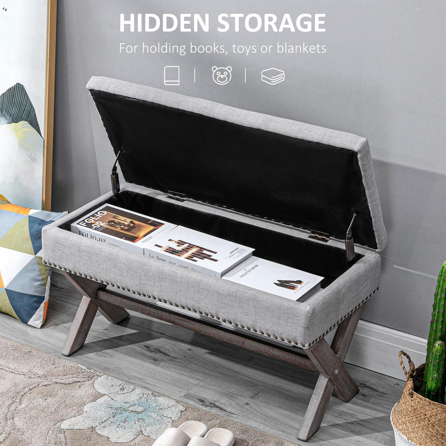 Demi Bonn 35" Upholstered Storage Bench with Hidden Space and Wood Legs for Living Room, Entryway and Bedroom Spaces, Gray