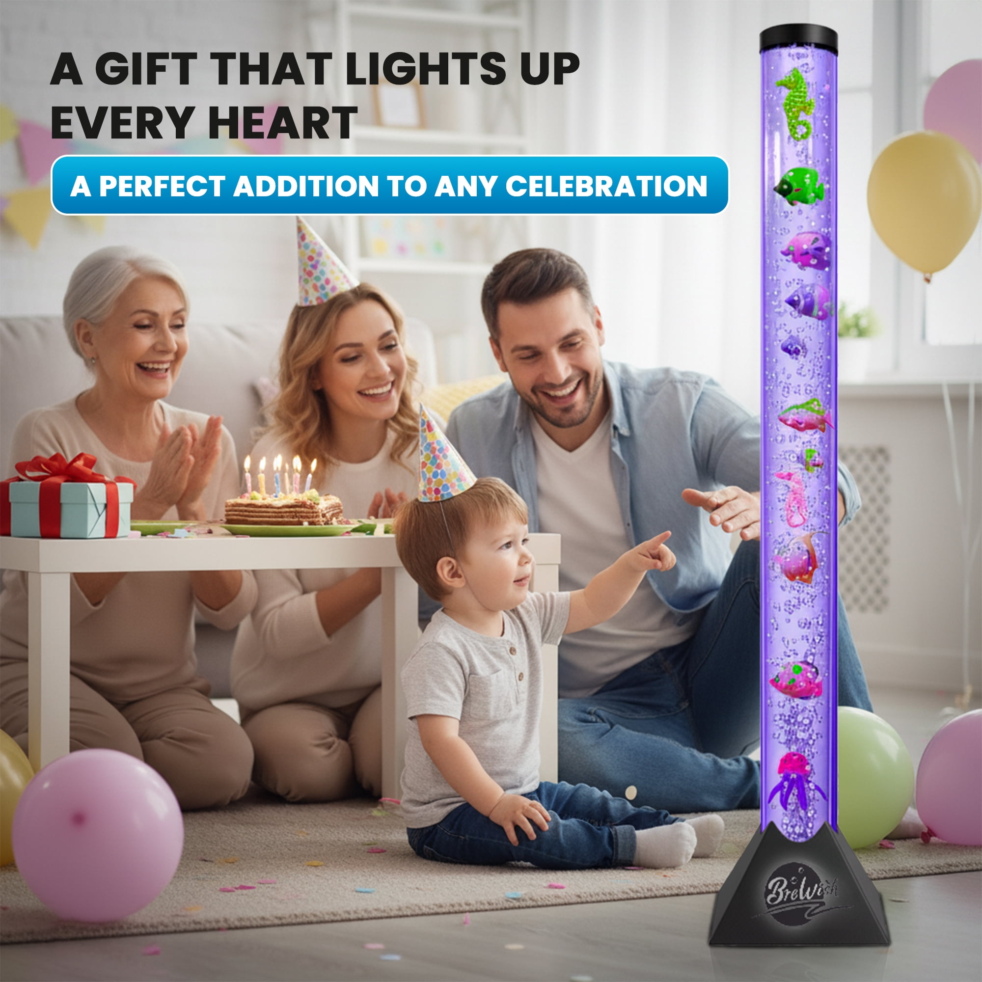 Brewish 4FT Bubble Tube Lamp with Replaceable Pump | 16 LED Color Changing Fake Aquarium Night Light with Remote & 12 Fish, No-Glue Design, Home Decor, Ideal Gifts, Sensory Lights for Autism & ADHD