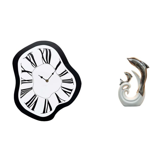 Reloj de pared,Reloj de pared interior nórdico con números romanos,Relojes distorsionados Reloj electrónico de lujo moderno,escultura blanca plateada,Estatua de delfín de