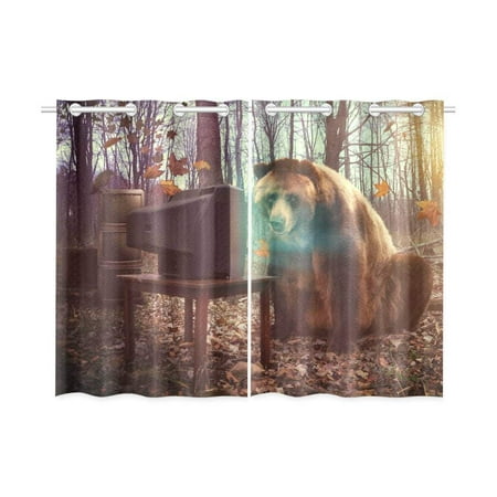 CADecor Funny Animal Window Kitchen Curtain, Wild Bear Watching TV Window Treatment Panel Curtains,26x39 inches,Set of