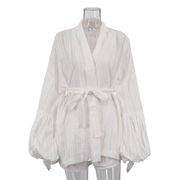 Women Casual Cotton Tie Loose Long Sleeve Cardigan and Shorts Two Piece Set