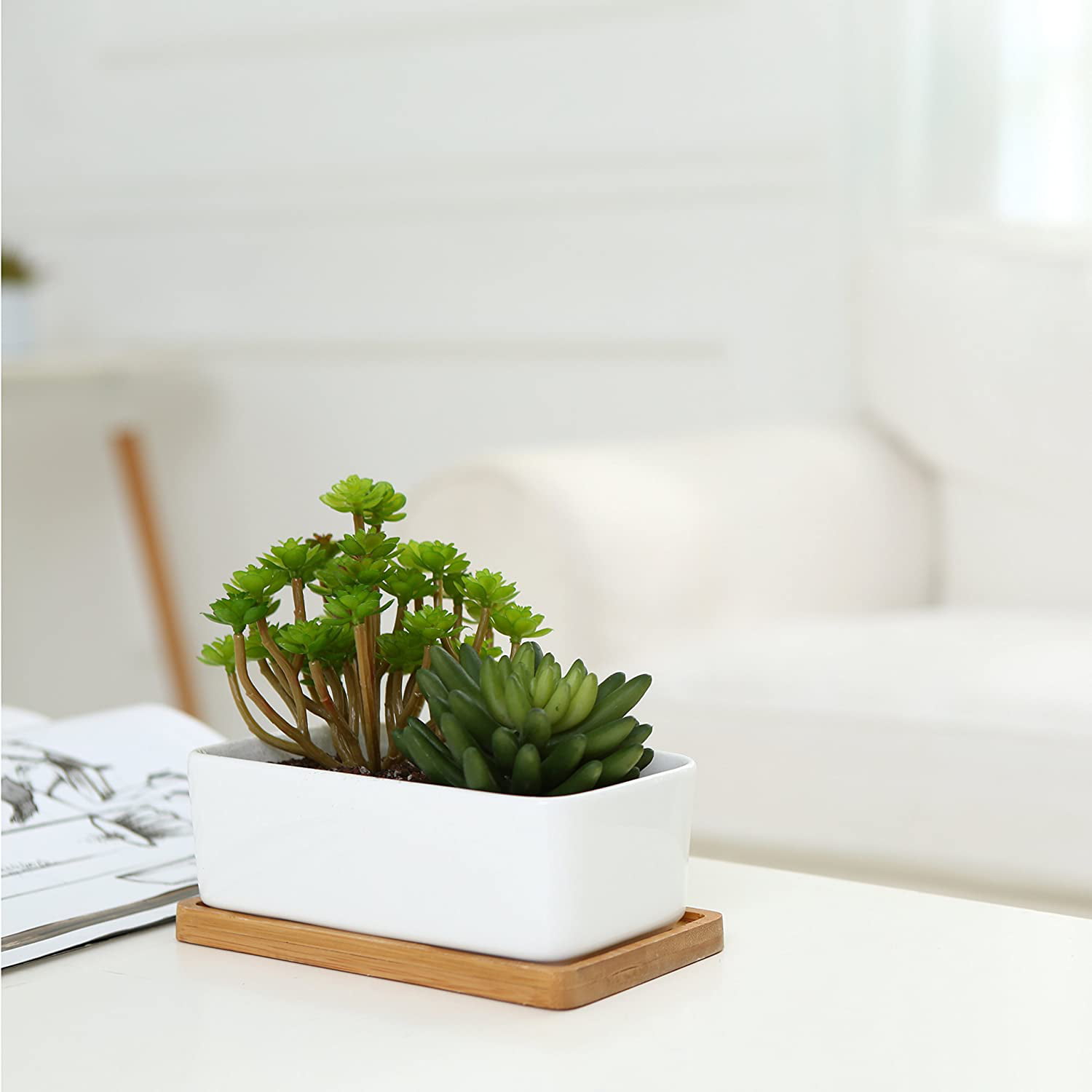 MyGift Set of 2 Modern Geometric White Ceramic Mini Succulent Planter Pots with Removable Bamboo Saucer 
