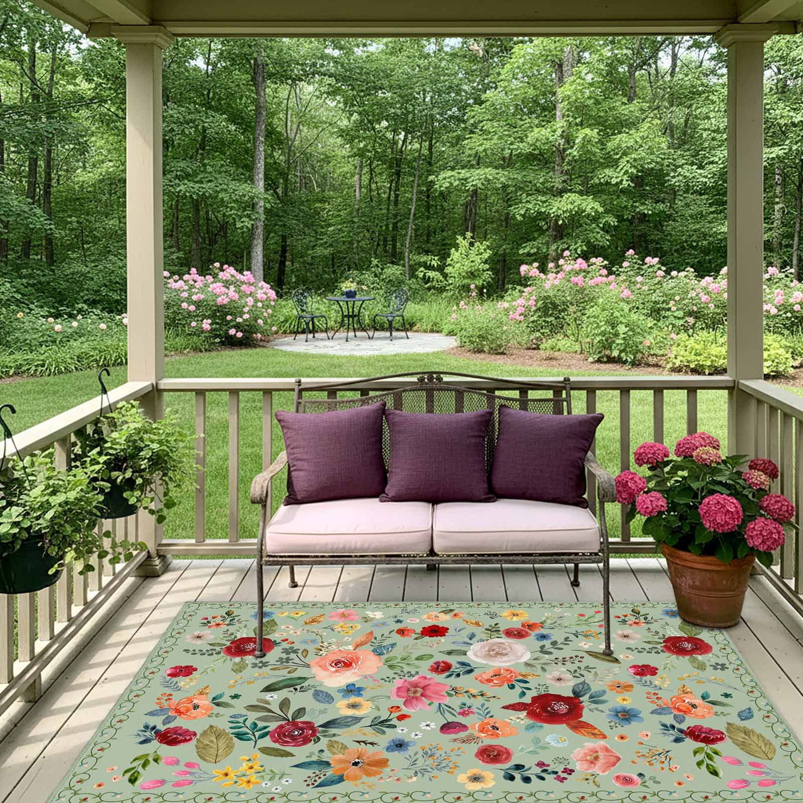 Sage Green Floral Outdoor Rug 3x5 Ft, Non Slip Washable Area Rug, Spring Flowers Leaves Farmhouse Patio Rugs Carpet Runner, Large Floor Mat for Indoor/Outdoor Deck Porch Camping