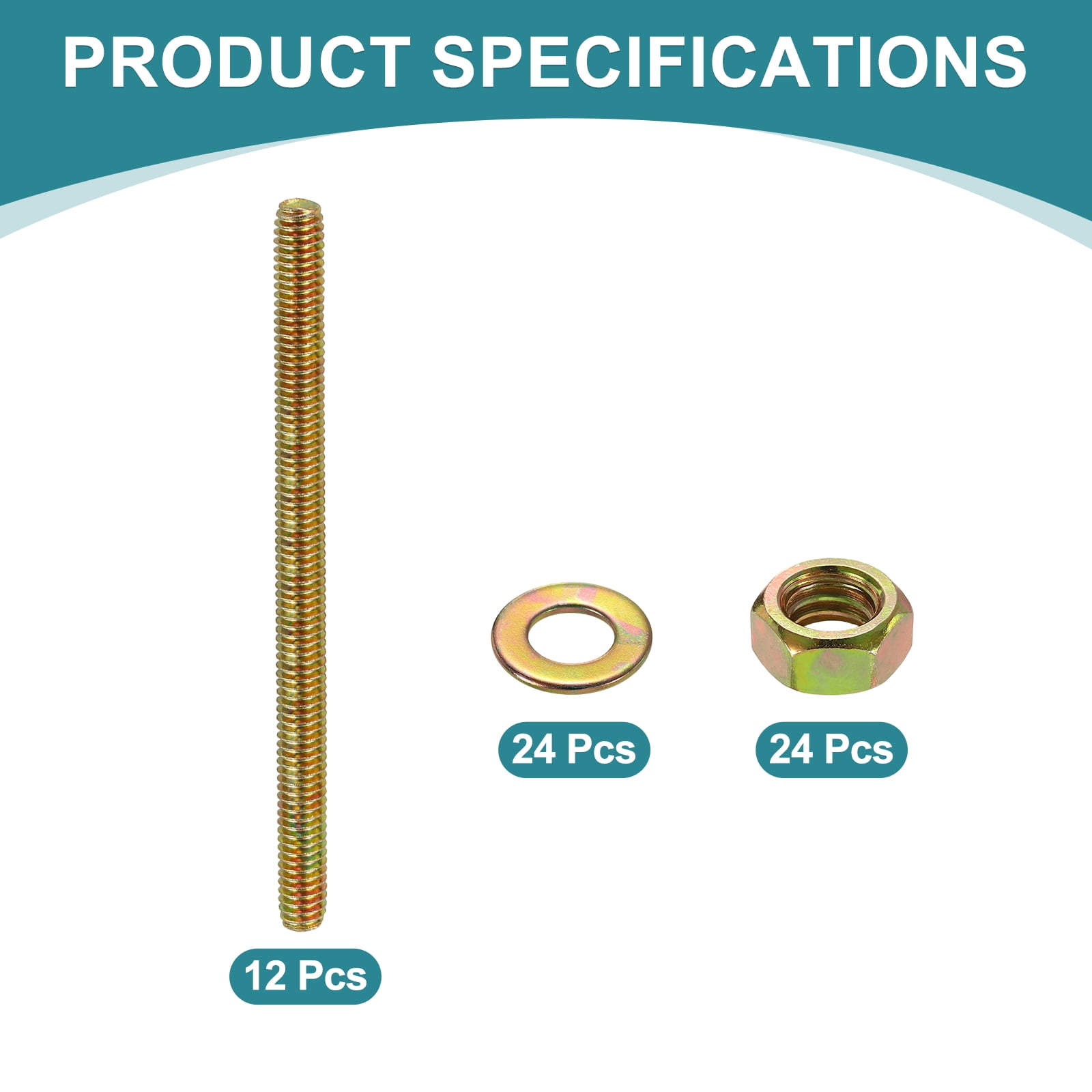 12Pack Fully Threaded Rod, 5/16"x4-1/2" Zinc-Plated Carbon Steel with Nuts Washer