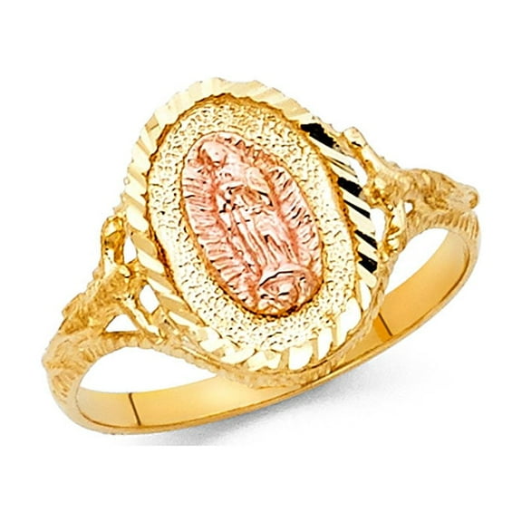 Solid 14k Yellow White Rose Gold Oval Guadalupe Ring Virgin Mary Band Diamond Cut Design 3MM, Size 7