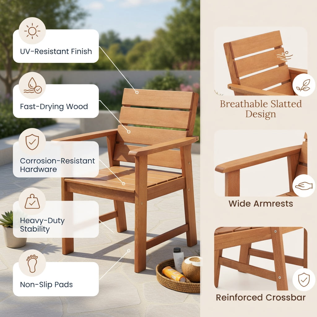 Hommoo 2-Pack Hardwood Outdoor Patio Chairs with Ergonomic 102° Slatted Backrest, Breathable, Sturdy & Easy Assembly, Natural