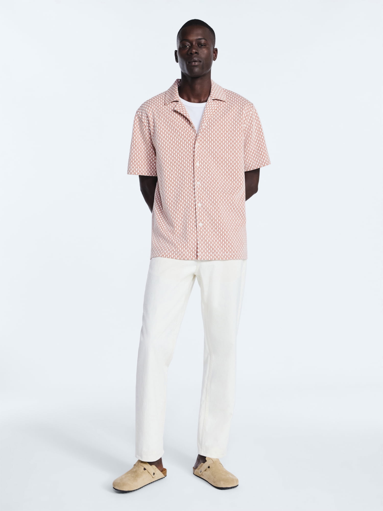 Free Assembly Men's Button Front Jacquard Shirt with Short Sleeves, Sizes S-3XL