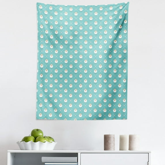 Goat Tapestry, Retro Diamond Pattern with Dots Hearts and Cartoon Goat, Fabric Wall Hanging Decor for Bedroom Living Room Dorm, 5 Sizes, Sea Green Sand Brown, by Ambesonne