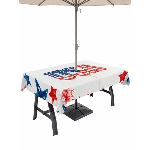 Outdoor Tablecloth with Umbrella Hole for Patio/Picnic/Party/Camping, American Map Waterproof Table Cloth Rectangle Table Cover Washable, Patriotic 250 Freedom Independence Day (60"x 102")