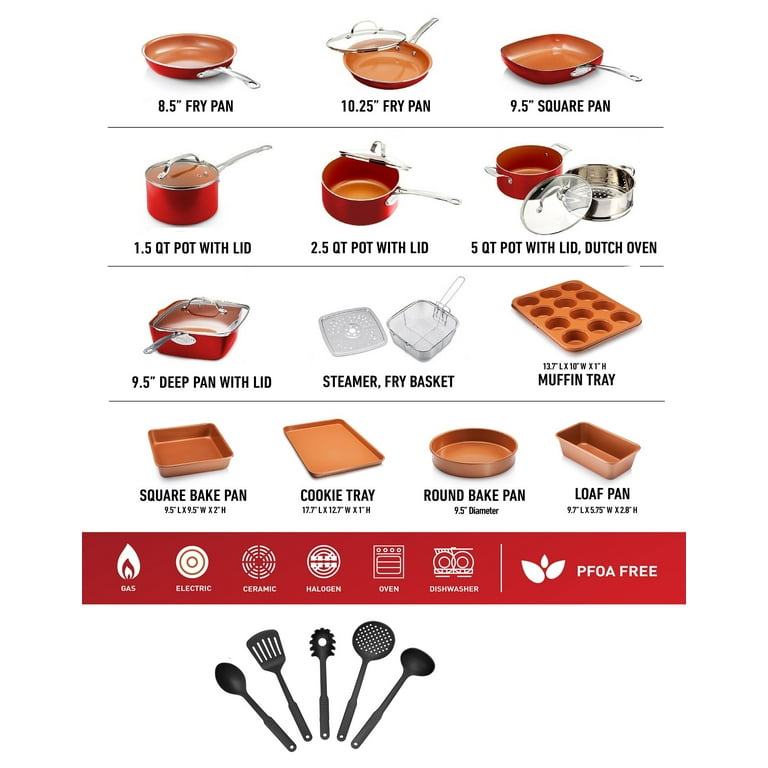 Gotham Steel Kitchen-in-a-box 25 Piece Cookware set, Non-stick Pots & Pans  with Utensils, Red/Copper 