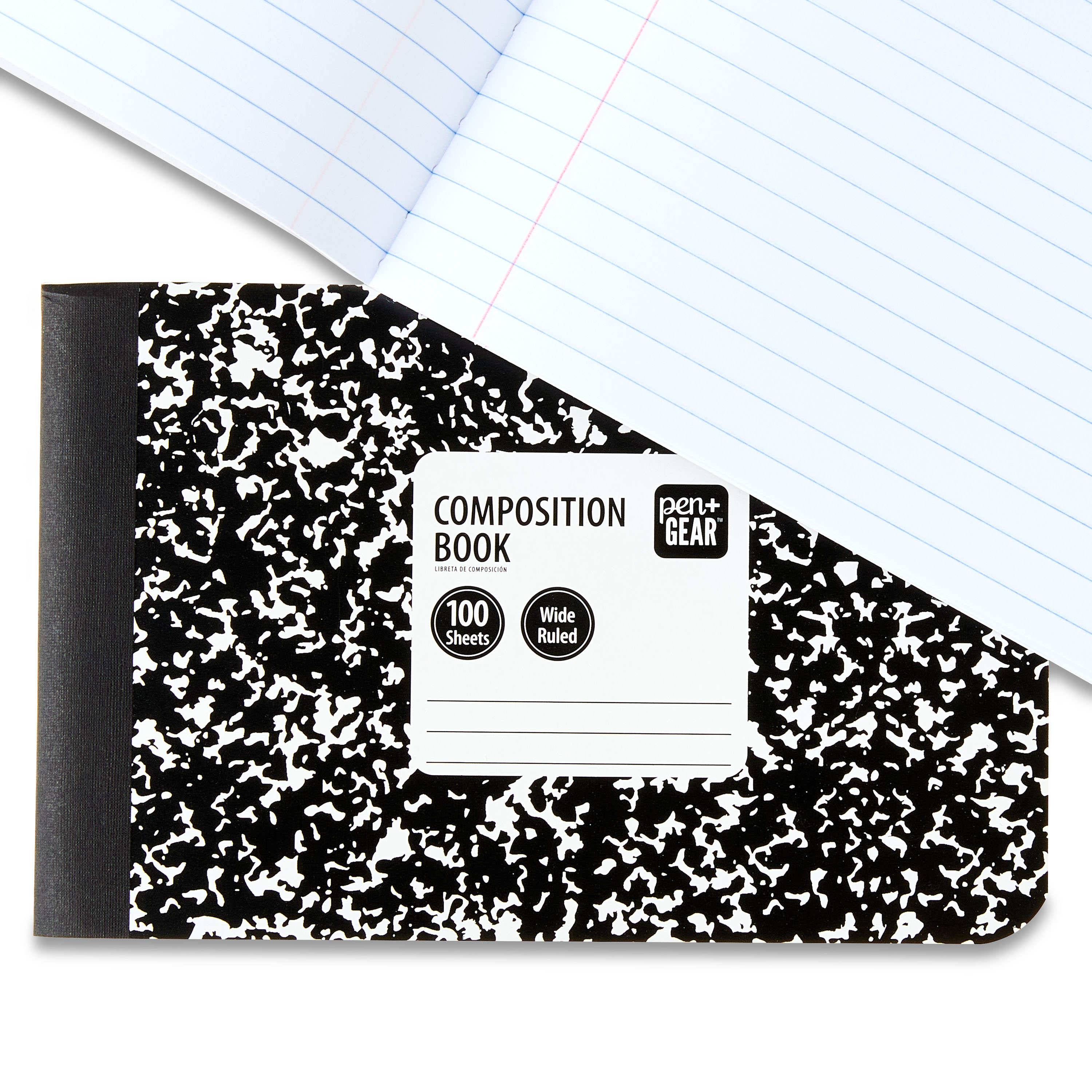 Libreta de composición mitad Pen+Gear de rayado ancho 7.5in x 4.88in blanco y negro 100 páginas paquete de 10 4