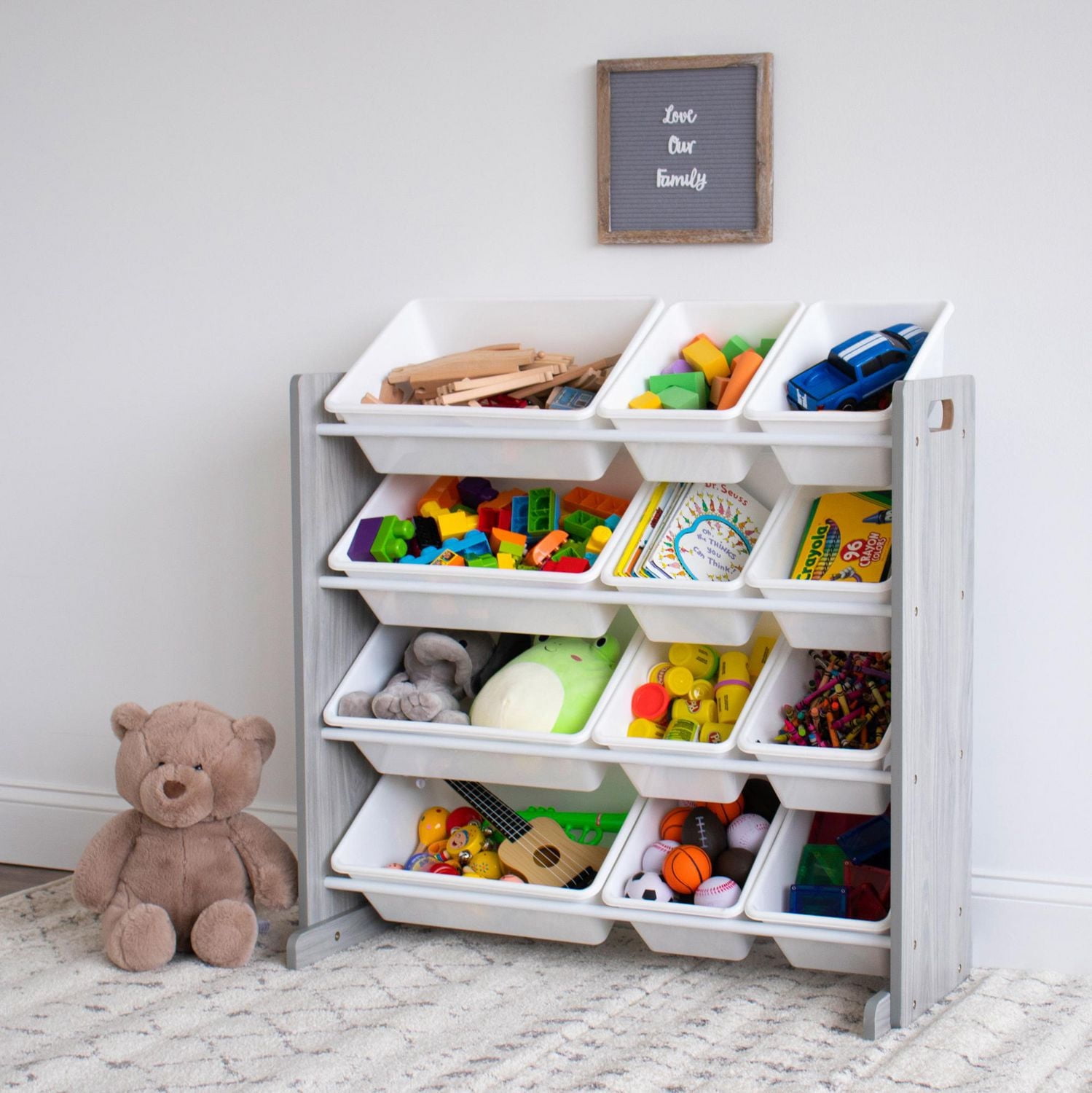 Humble Crew Slate Toy Storage Organizer with 12 Storage Bins, Grey Wood Grain/White