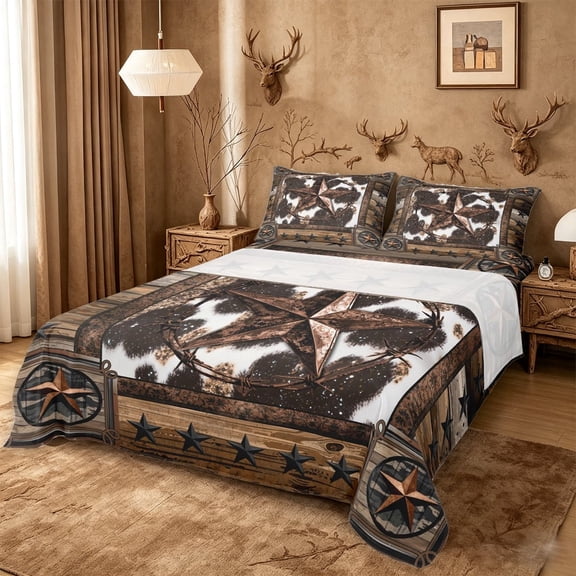 meiyoeat Rustic Farmhouse Cowhide Queen Sheets For Boys,Retro 3D Texas Stars Pattern Queen Sheet Sets For Kids,4 Pieces
