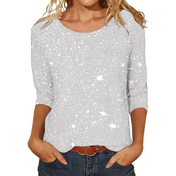 Sequin Printing Shirt for Women 3/4 Sleeve Loose Fit Trendy Spring Fall Blouse Crewneck Tops Wear to Party Vacation