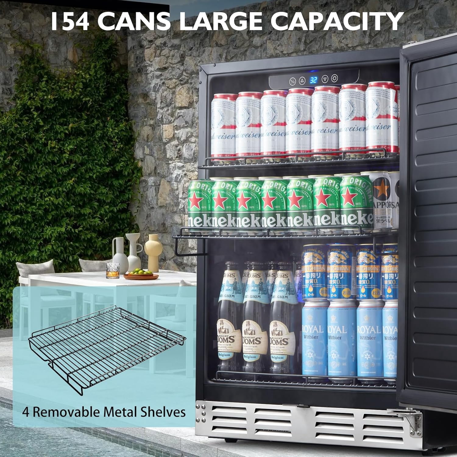 KRC-150BF Stainless Steel Counter Cooler 32-41℉ Temperature Range 24-inch Cooler Embedded or Stand-alone Mini Refrigerator For Kitchen\Bar\Room...