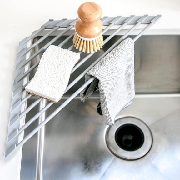ABCISI Corner Sink Caddy, Triangle Roll Up Dish Drying Rack Over The Sink, Sponge and Dish Rag Holder, Kitchen Organizer Rack with Silicone Coated Stainless Steel Rods- Grey