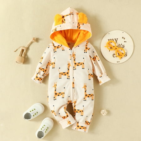 

Baby Girls Boys Ear Giraffe Print Autumn Long Sleeve Hooded Romper Jumpsuit Clothes