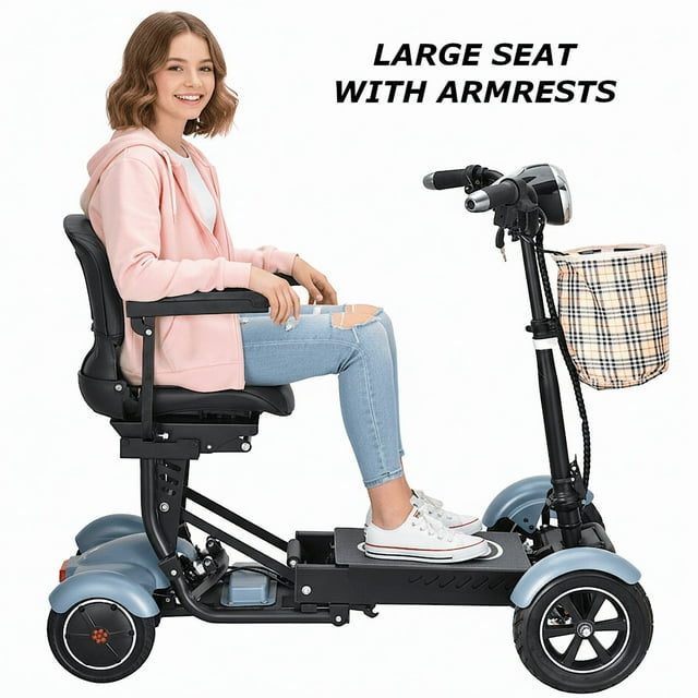 Trottinette de Mobilité Électrique Motorisée à 4 Roues, Doubles Moteurs Robustes Siège Grand - Bleu Ciel Mat