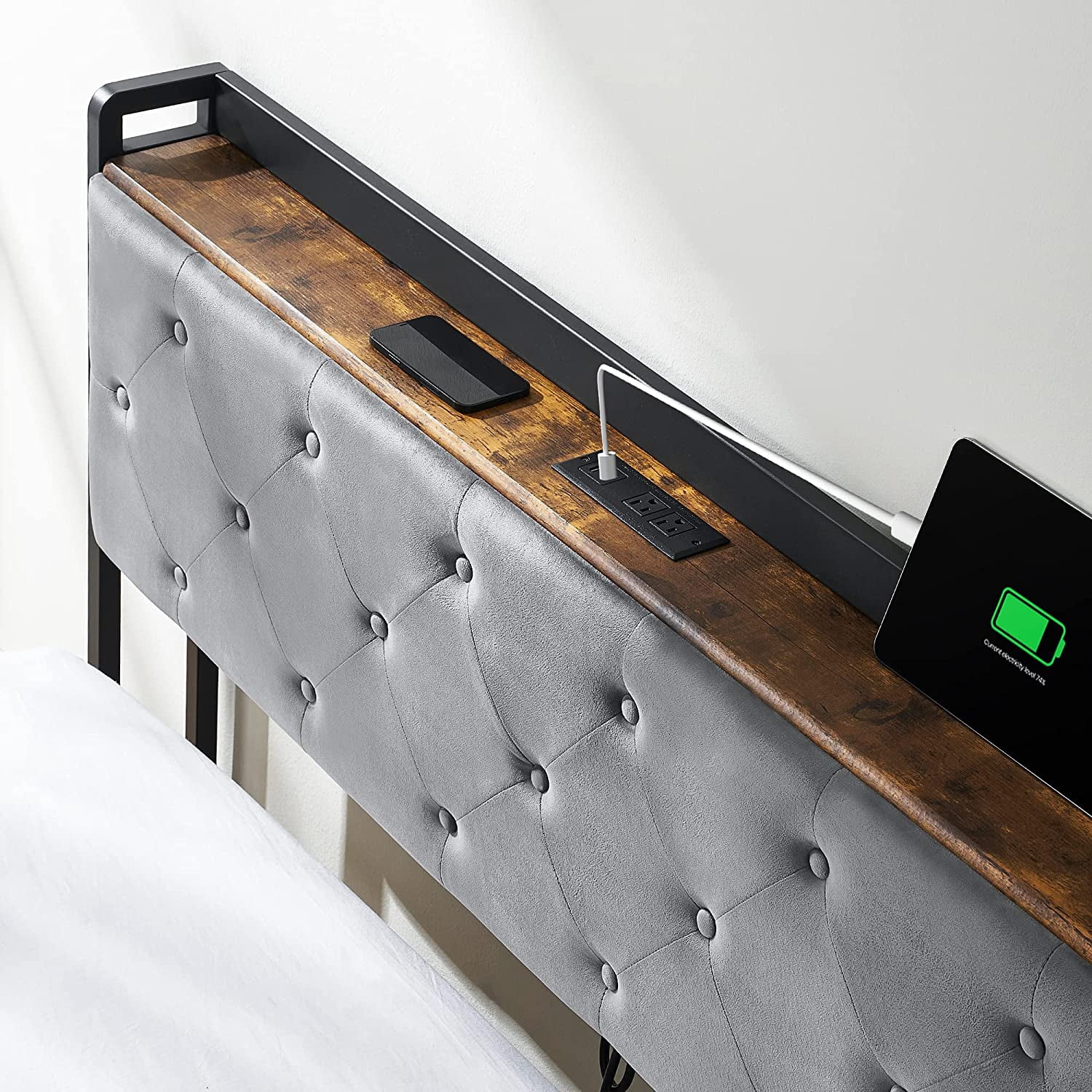 Juiluna Queen Bed Frame with 4 Storage Drawers and Charging Station,Grey Queen Upholstered Bed Frame with Storage Headboard No Box Spring Needed Noise-Free (Queen)