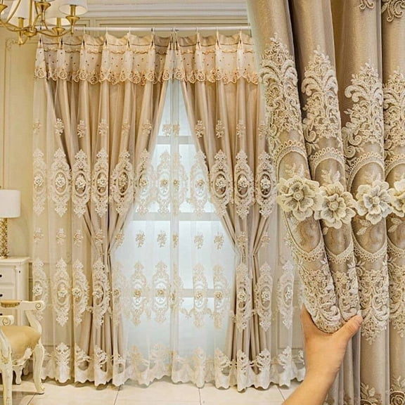 Gold European-Style Double-Layer Curtain, Embossed Floral Embroidered Sheer & Blackout Drapes For Bedroom Living Room