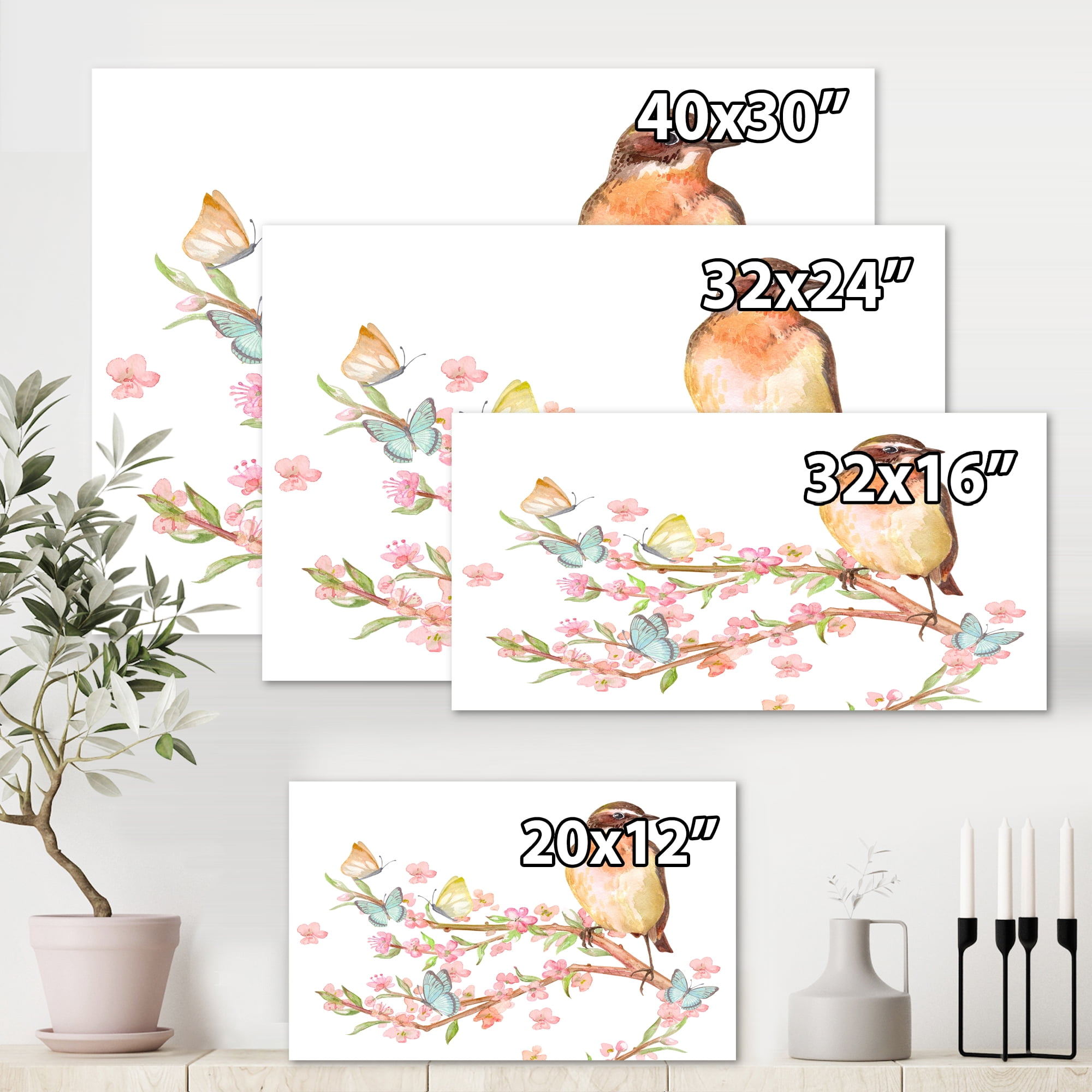 Designart ' Lovely Bird Sitting On Branch of Sakura With Butterflies ' Traditional Canvas Wall Art Print