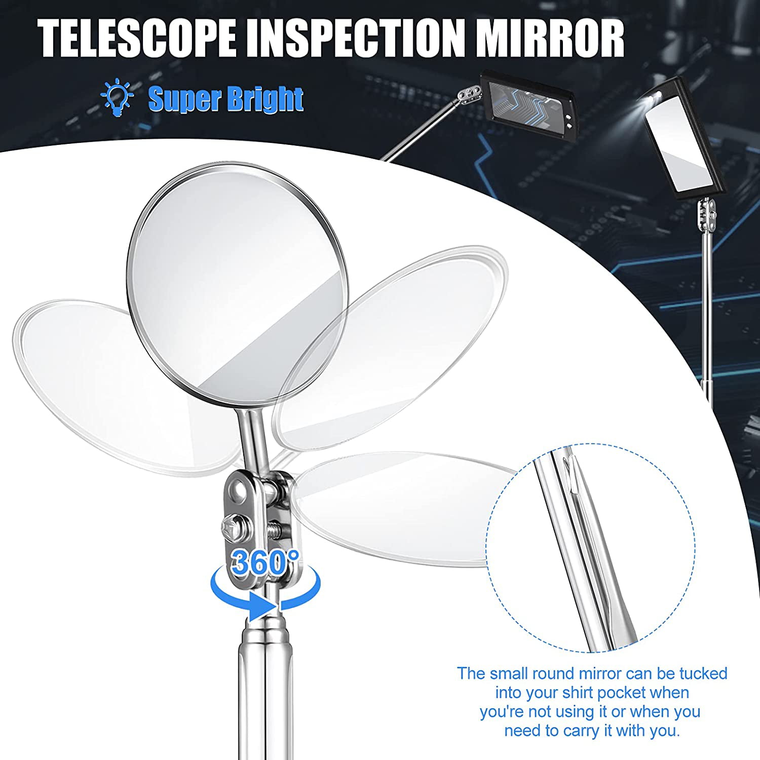 Observe The Eyelashes Mouth and Other Small Parts 3 Pieces Led Telescoping Inspection Mirror Round Mirror Inspection Tool for Check The Condition of The Vehicle 