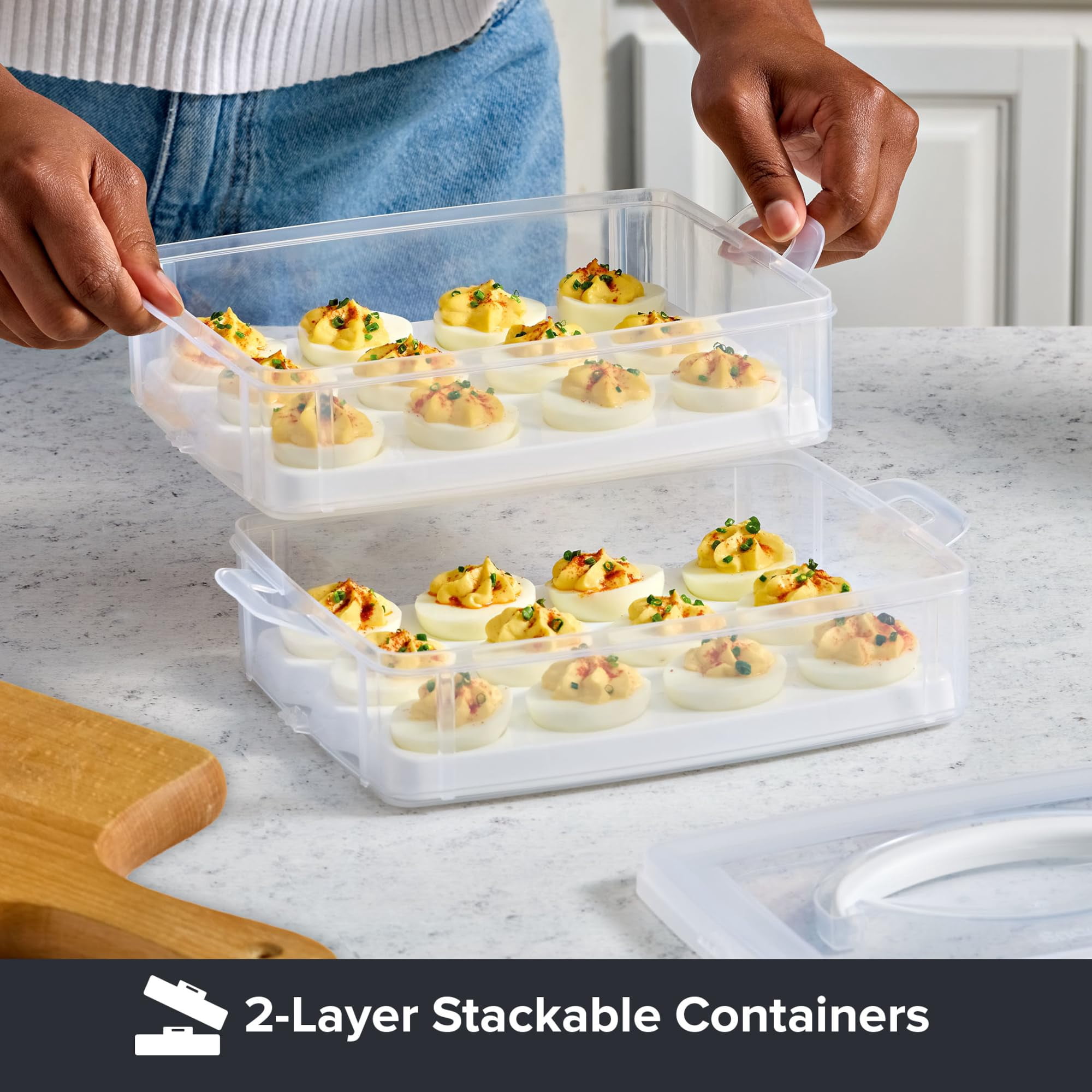 2-Layer 24 Egg Carrier Storage Container with Lid and Handle, Plastic Detachable Deviled Egg Holder, Freezer Dishwasher Microwave Safe