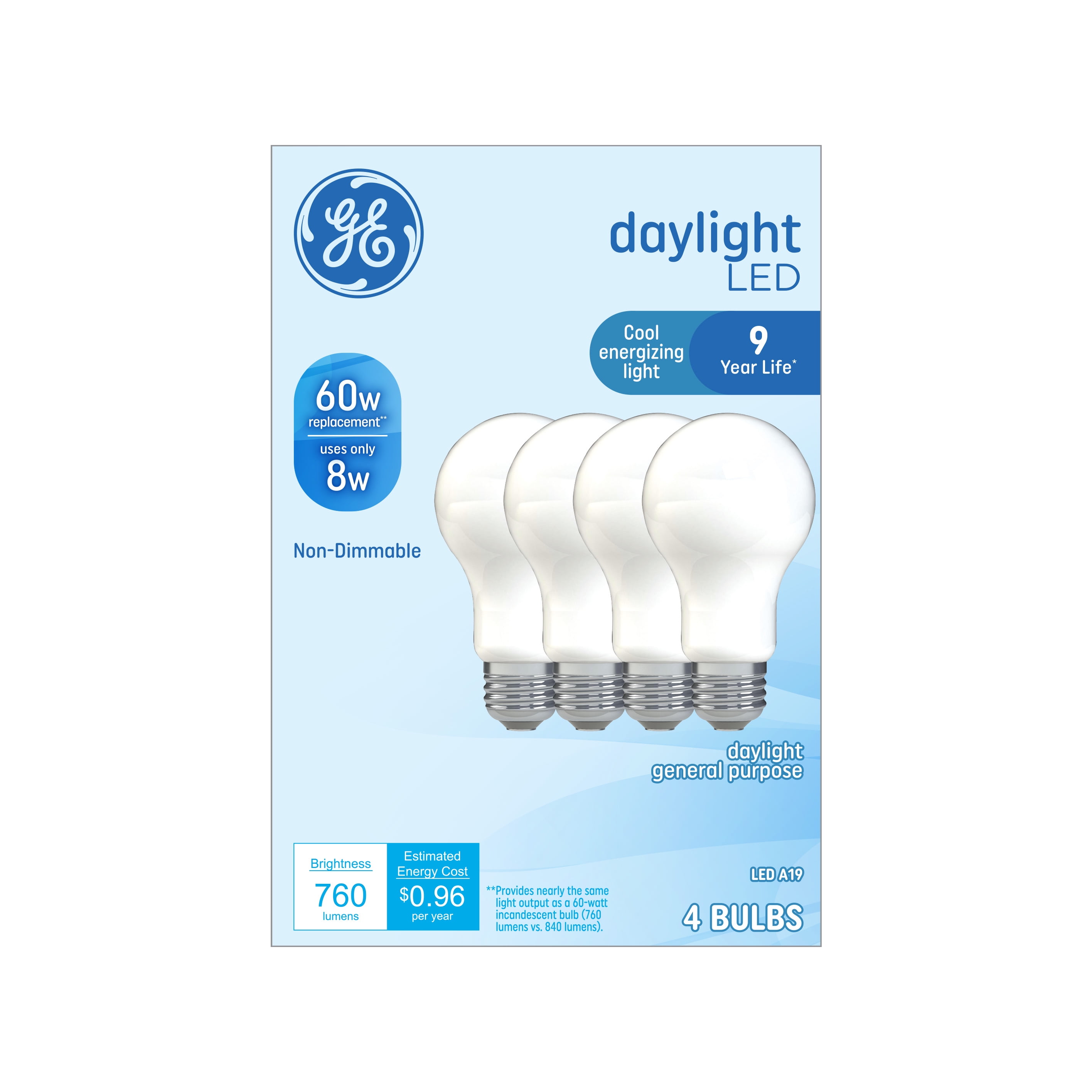 GE Daylight LED Light Bulbs, 8 Watt (60 Watt Equivalent) Cool Energizing Light, Standard Bulb Shape, Medium Base (4 Pack)