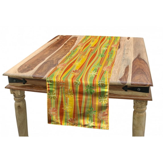 Floral Table Runner, Colorful Skew Vertical Waves Pattern Accompanied with Clover Inspired Ombre Leaves, Dining Room Kitchen Rectangular Runner, 3 Sizes, by Ambesonne