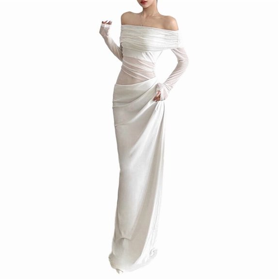 Women'S Mesh Off Shoulder Dress Elegant Sheer See Through Long Sleeve Ruched Bodycon Maxi Dresses White S