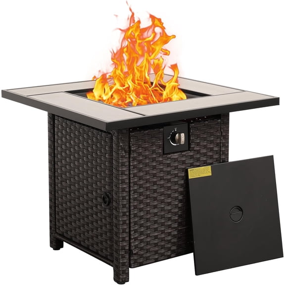 50000 BTU Brown Wicker Gas Fire Pit Outdoor Fire Pit Table 30 Inch Fire Pits for Outside with Woodgrain Marble Tabletop Fire Pit Cover and Blue Crystal Beads