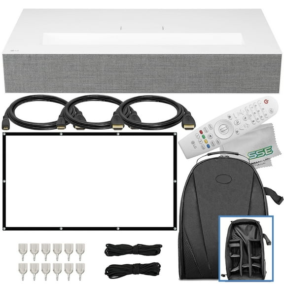LG CineBeam HU85LA HDR XPR 4K UHD Ultra-Short Throw Laser DLP Home Theater Projector   120” Foldable Projection Screen with 12x Adhesive Wall Mounts & More (20pc Bundle)