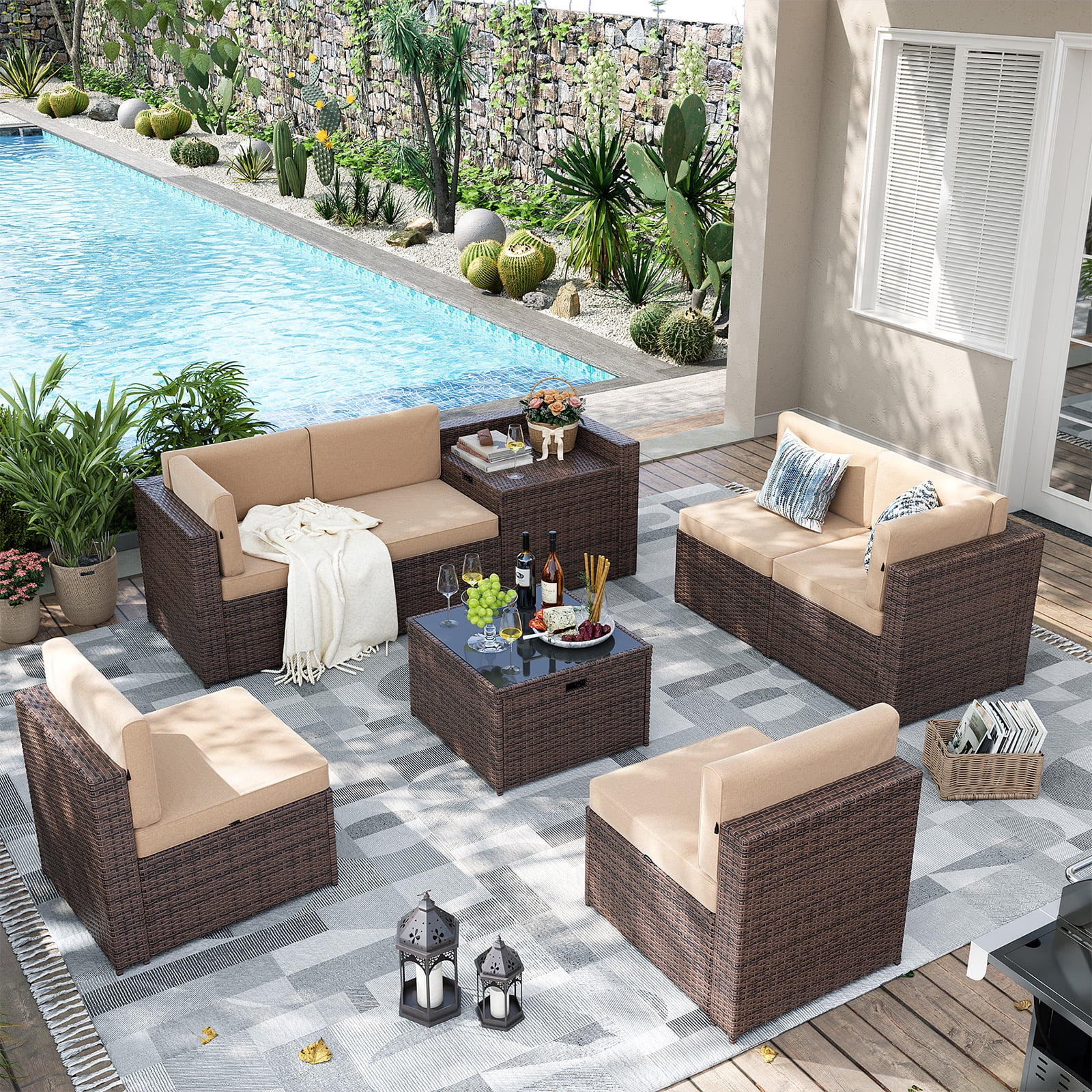 LazySunsets 8 Piece Patio Furniture Set, Wicker Outdoor Furniture with Large Storage Table, Beige