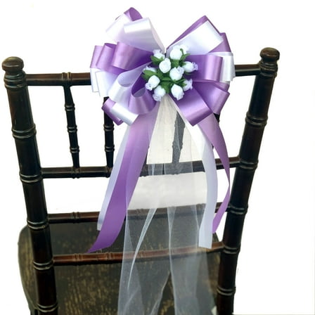 Lavender and White Wedding Pull Bows with Tulle Tails and Rosebuds - 8" Wide, Set of 6, Easter, Valentine's Day, Pew Bows, Aisle Decor,  Anniversary, Birthday, Reception