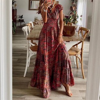 OSTOO Women's Boho Floral Maxi Dress - Sleeveless Tiered Long Summer Dress (Burgundy, XXL)