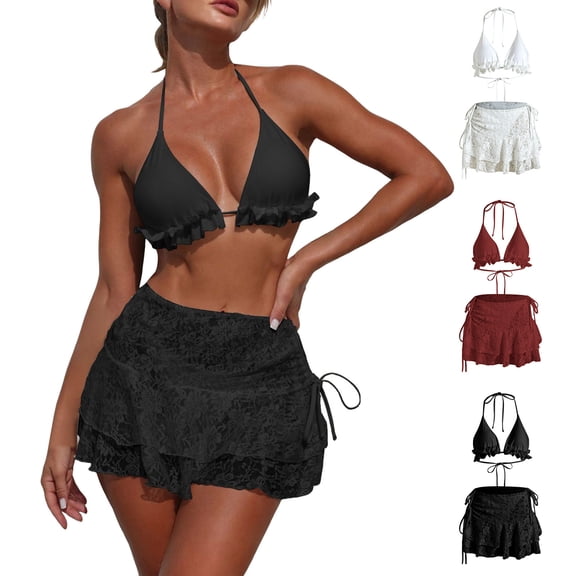 GEWSEY Women's 3 Piece Halter Bikini Set Tie Dye Knot Side Swimsuit with Ruffle Beach Skirt (Black, L)