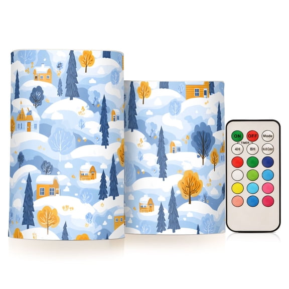 Winter Snow Scenery Village Flameless LED Candle Set with Remote, Battery Operated Color Changing Pillar Candles, Set of 2